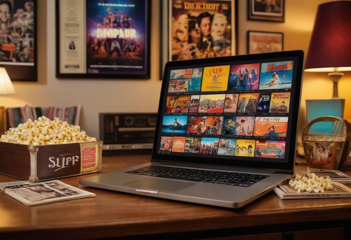 An open laptop displaying a colorful streaming platform interface surrounded by iconic movie memorabilia like film reels, popcorn, and classic movie posters. Soft lighting creates a cozy viewing atmosphere, while a vintage film camera sits in the background as a nod to cinema's rich history. The overall composition evokes a sense of nostalgia and excitement for film lovers. super-realistic. vibrant colors. cozy setting.