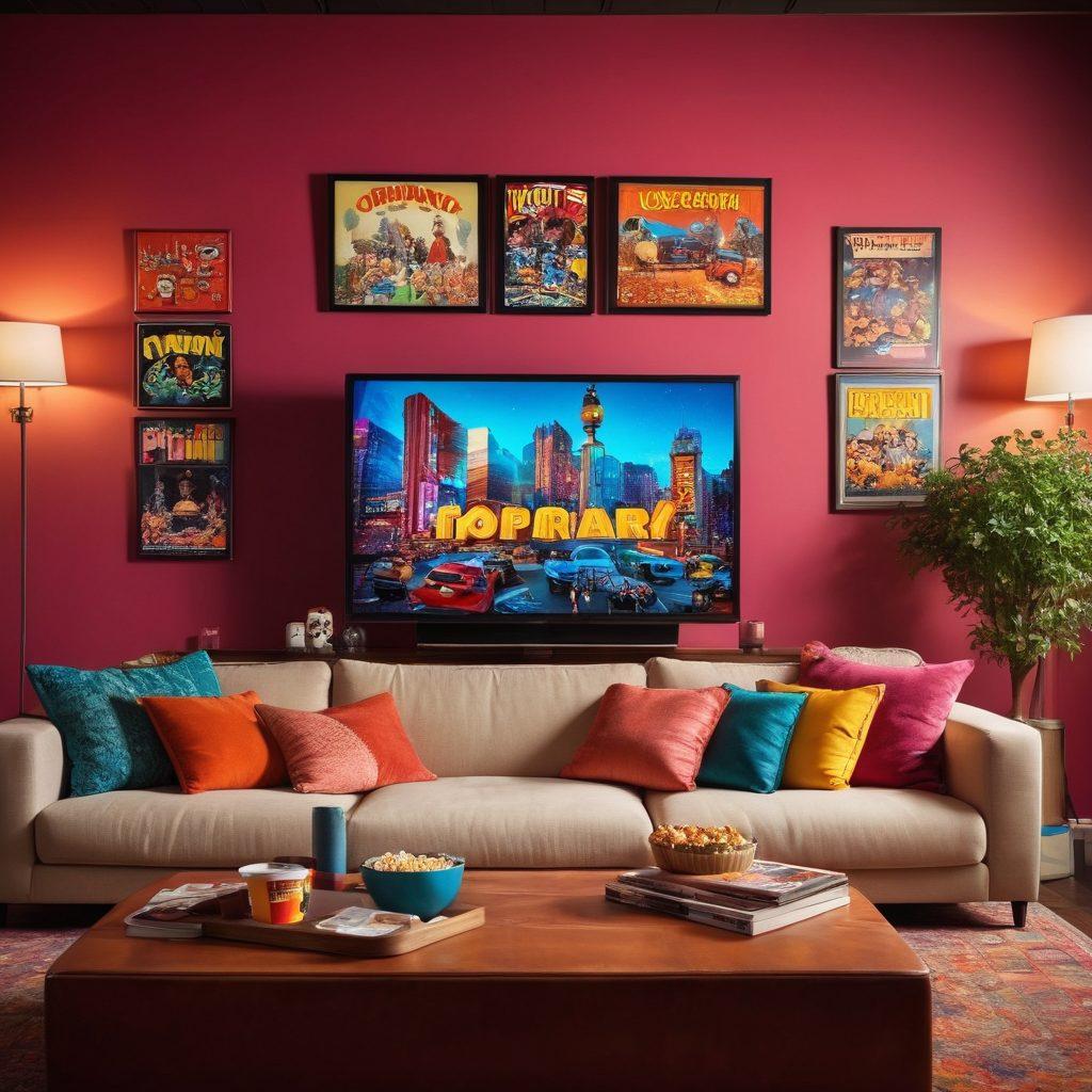 A cozy living room scene featuring a large flat-screen TV showcasing vibrant movie scenes, a bowl of popcorn in the foreground, and a plush sofa adorned with colorful cushions. A subtle backdrop of film posters on the wall adds to the cinematic atmosphere, and warm lighting creates an inviting ambiance. The scene should evoke a sense of relaxation and excitement. super-realistic. vibrant colors. cozy setting.