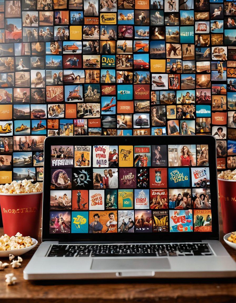A dynamic collage featuring film reels, a laptop displaying a movie preview, and colorful rating stars overlaying a cinematic background. Incorporate imagery of diverse film genres like drama, action, and comedy, with popcorn and a cozy couch in the foreground, inviting viewers to explore. super-realistic. vibrant colors. cinematic style.